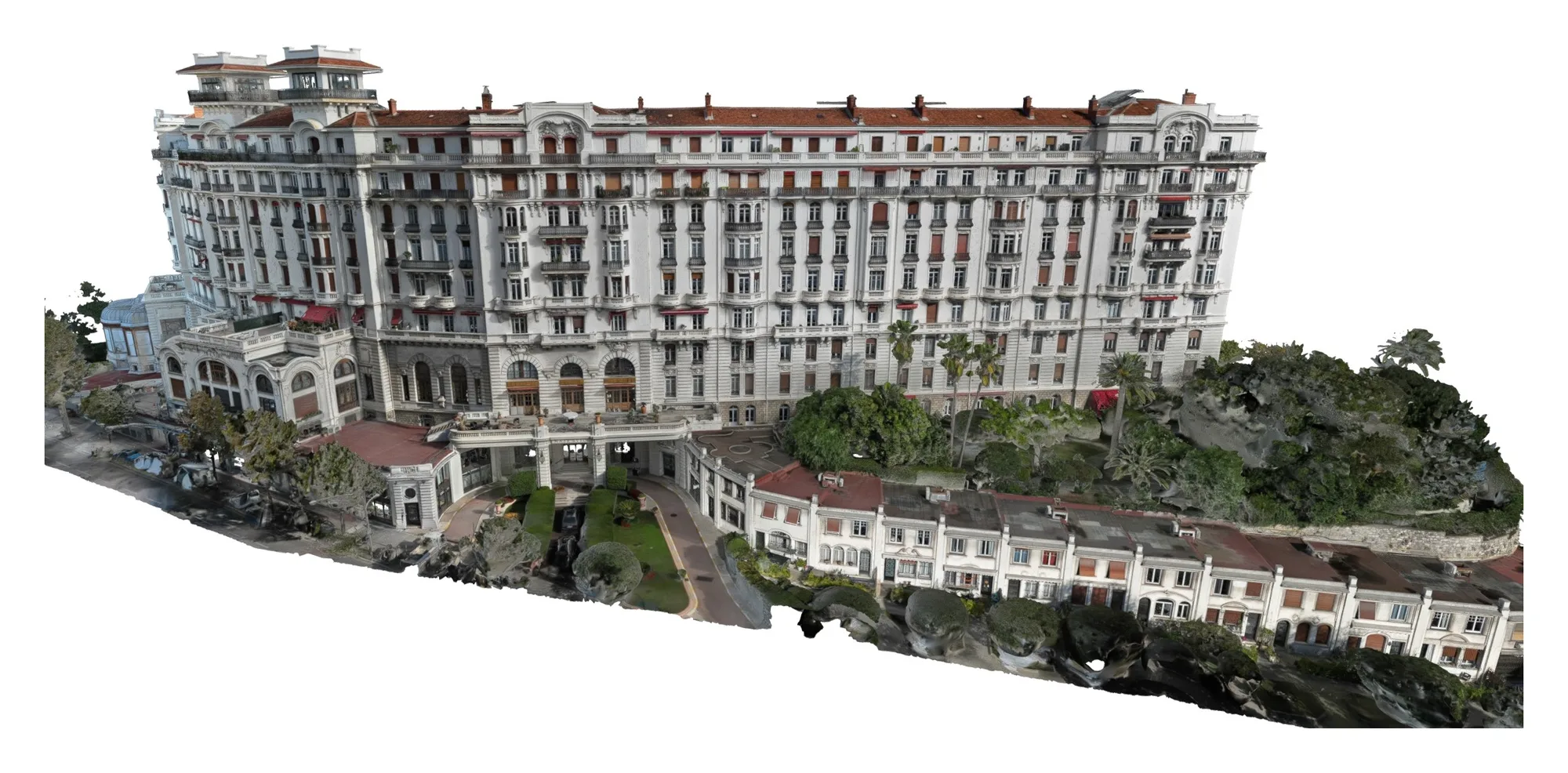 Modèle 3D photogrammétrique d'un grand hôtel Belle Époque et de ses abords