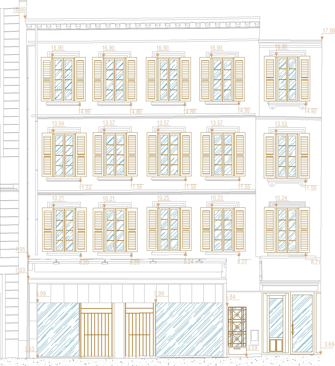 Plan de façade d'un immeuble avec ses menuiseries et volets