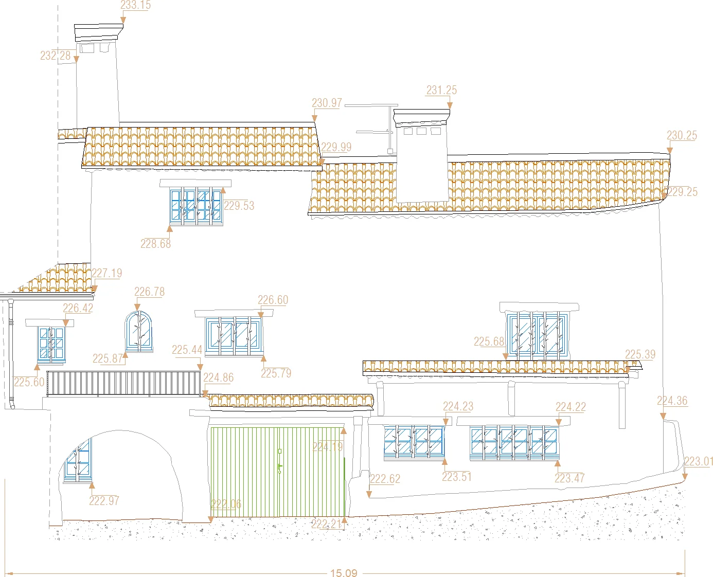 Plan de façade d'une villa avec cotes altimétriques