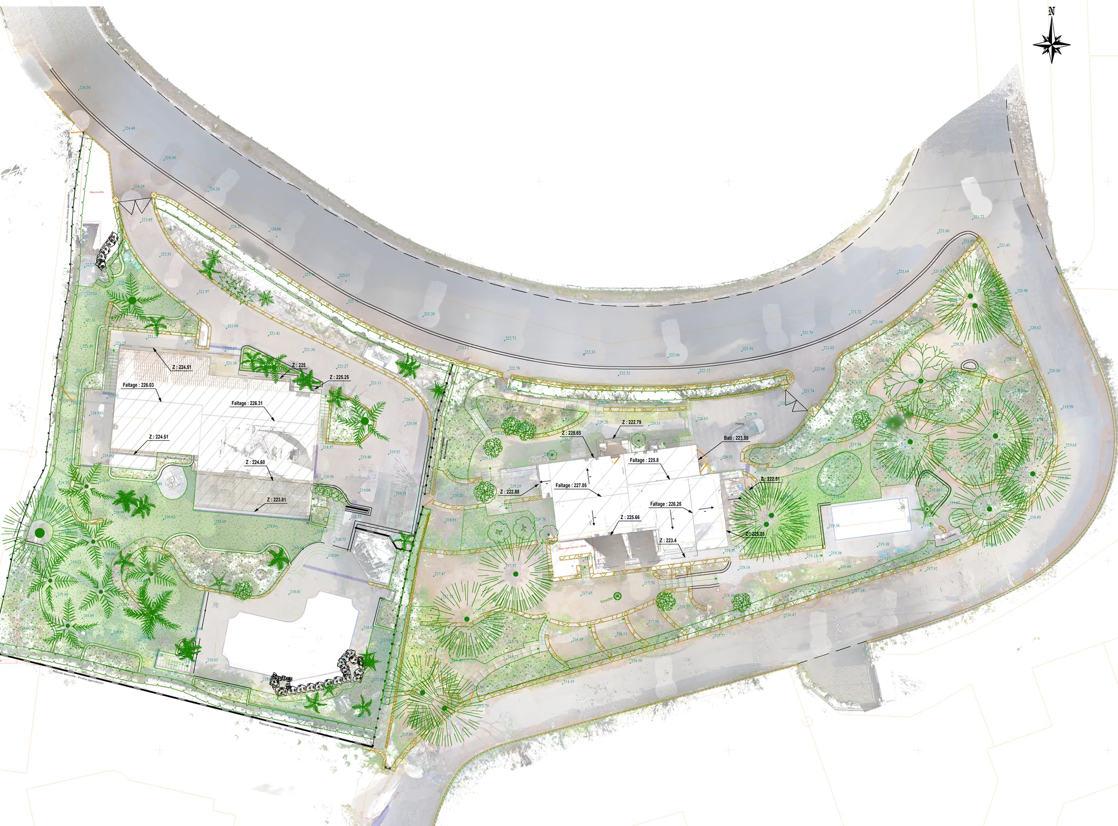 Plan topographique d'une propriété avec jardin : bâti, murs, végétation et altimétrie (lieu anonymisé)
