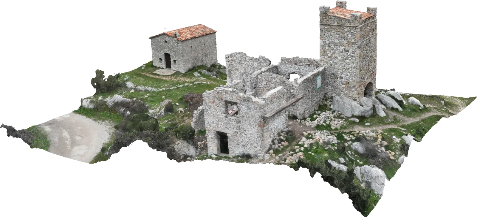 Modèle 3D photogrammétrique de ruines médiévales sur un éperon rocheux