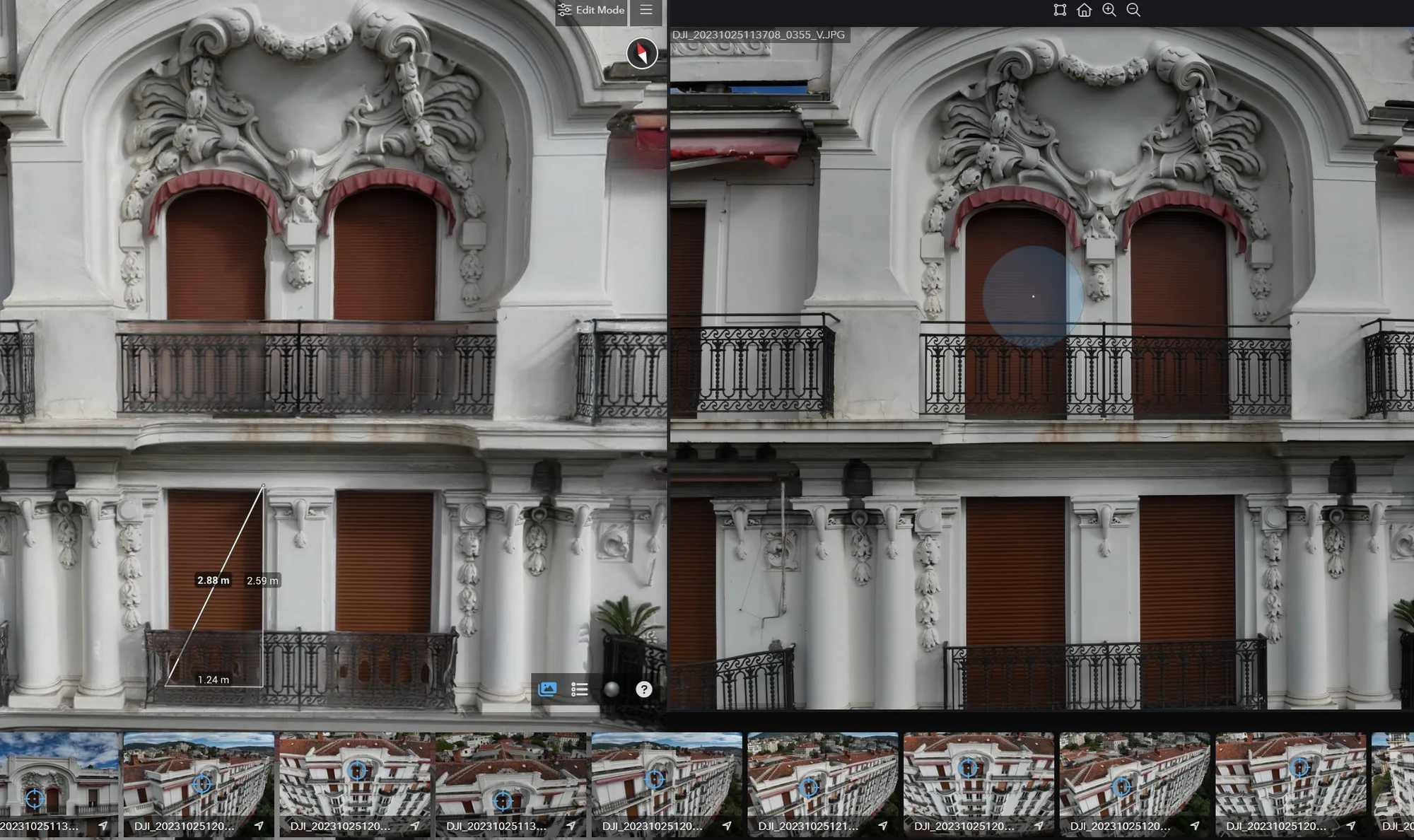Outil de visualisation en ligne : à gauche le modèle 3D d'une façade ornée avec des mesures, à droite la photo de drone correspondante, et en bas les photos du vol